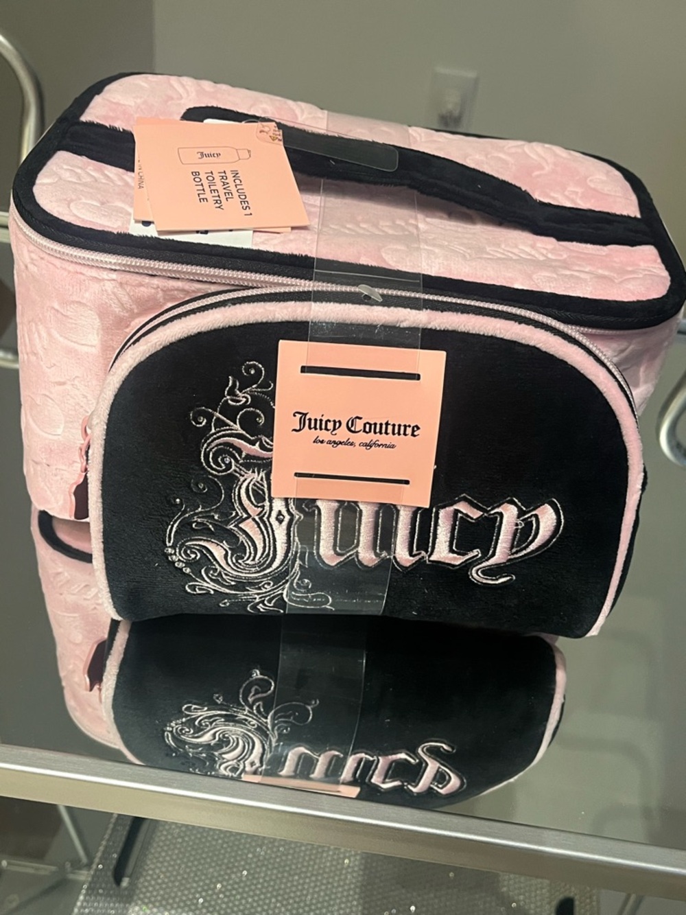 Juicy Couture Pink and Black Velvet Cosmetic Pouch Set